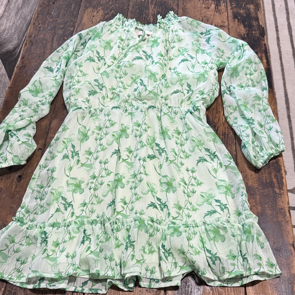 GB girls Light Green Floral Ruffle-Hem Dress